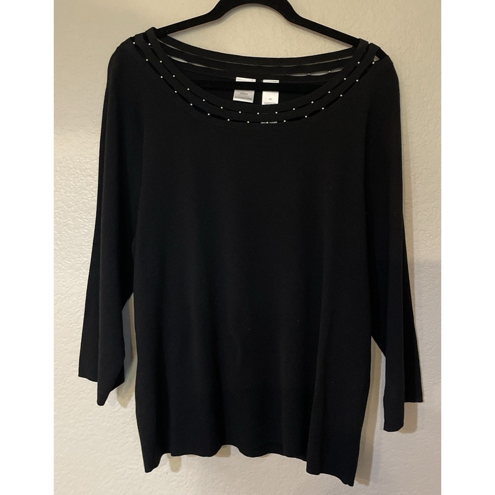 Emma James Womans 3X Knit Top Black Faux Pearl Strappy Neck 3/4 Sleeve Sweater
